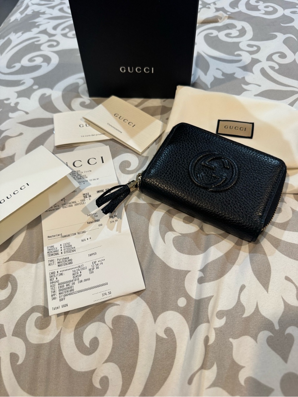 Gucci Black Pebbled Leather Zip Card Case with Embossed GG